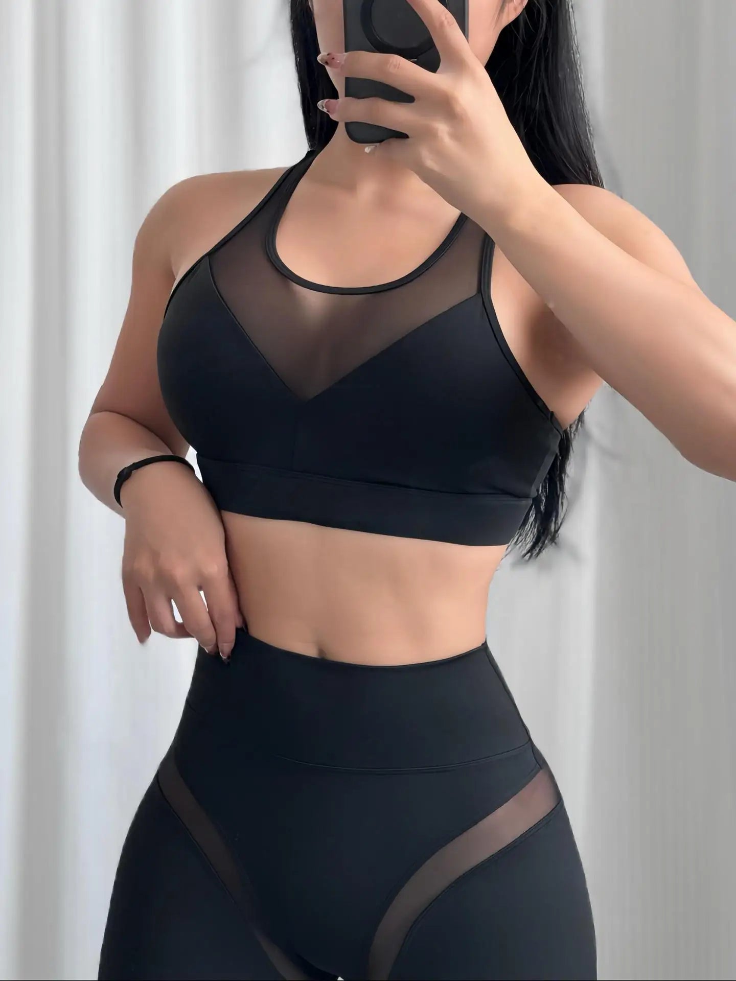 Women's Fitness Yoga Set Nude Mesh Splicing Bra with High-Waisted Leggings Cross-Border Fishing Net Design for Comfortable Wear