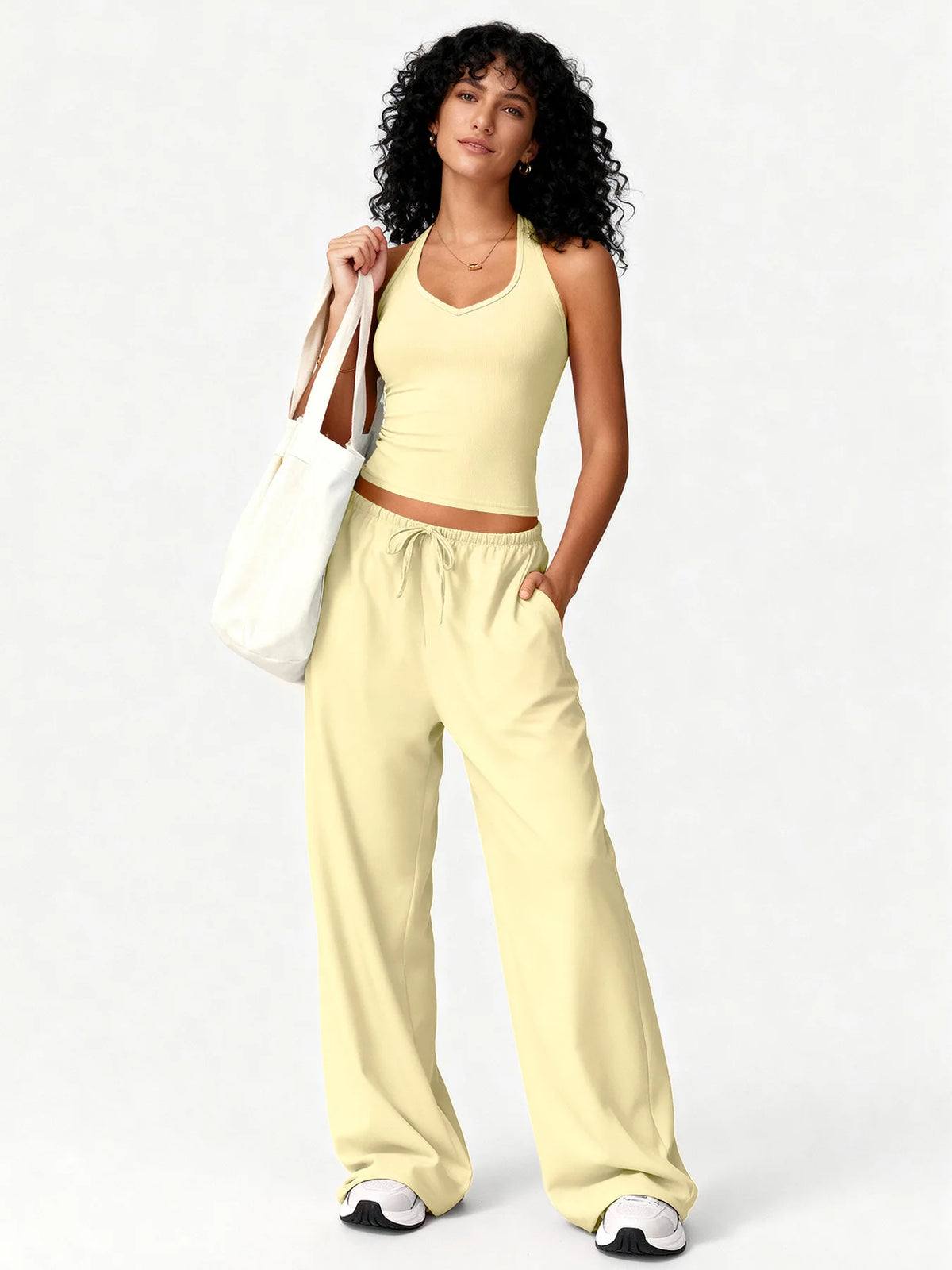 Women 2 Piece Yoga Outfit Ribbed Halter Crop Tank Top Drawstring Wide Leg Pants Set Casual Workout Gym Loungewear Tracksuit