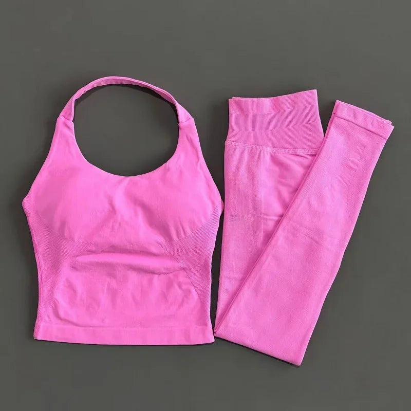 Women Yoga Set Seamless Sports Halter Neck Top Waist Trainer Leggings Suit Squat Proof Butt Lifting Workout Fitness Gym Clothing