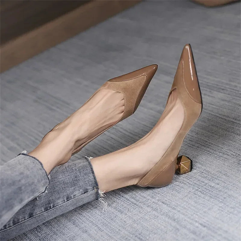 Middle Heel High Heels Women 2026 Spring Autumn Korean Fashion Splicing Pointed Shallow Shaped Heel Thick Pimps Shoes for Women