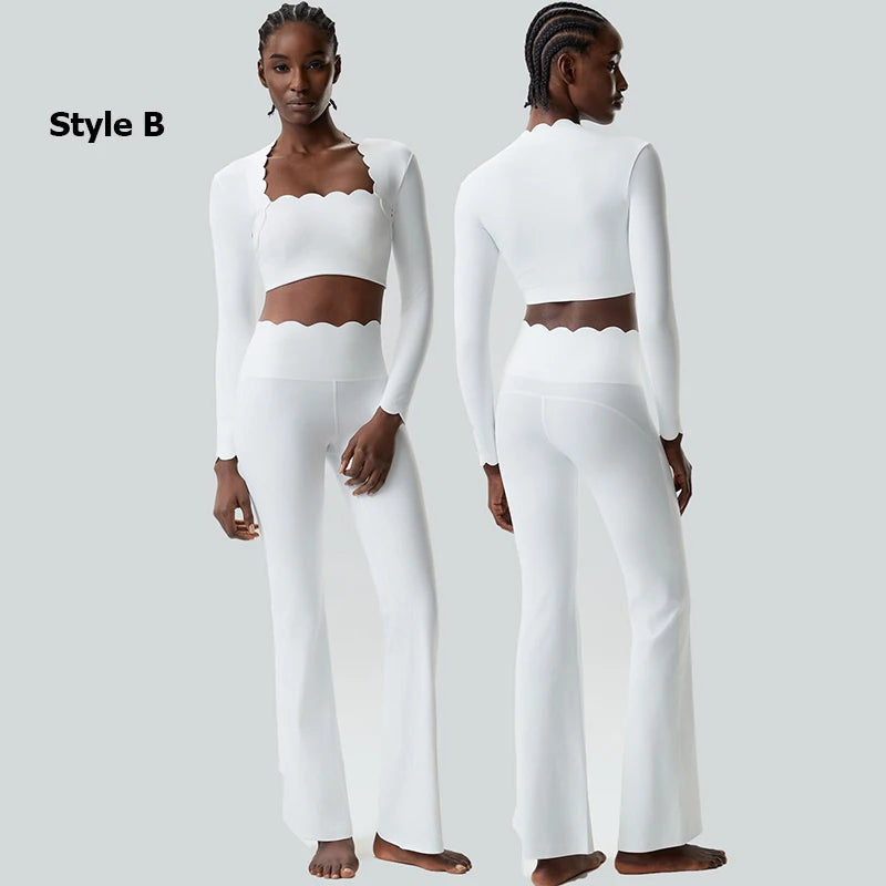 Women Two Pieces Fitness Yoga Set Solid Color Long Sleeve Gym Sportswear Breathable Quick Dry Workout Clothes Female Suit