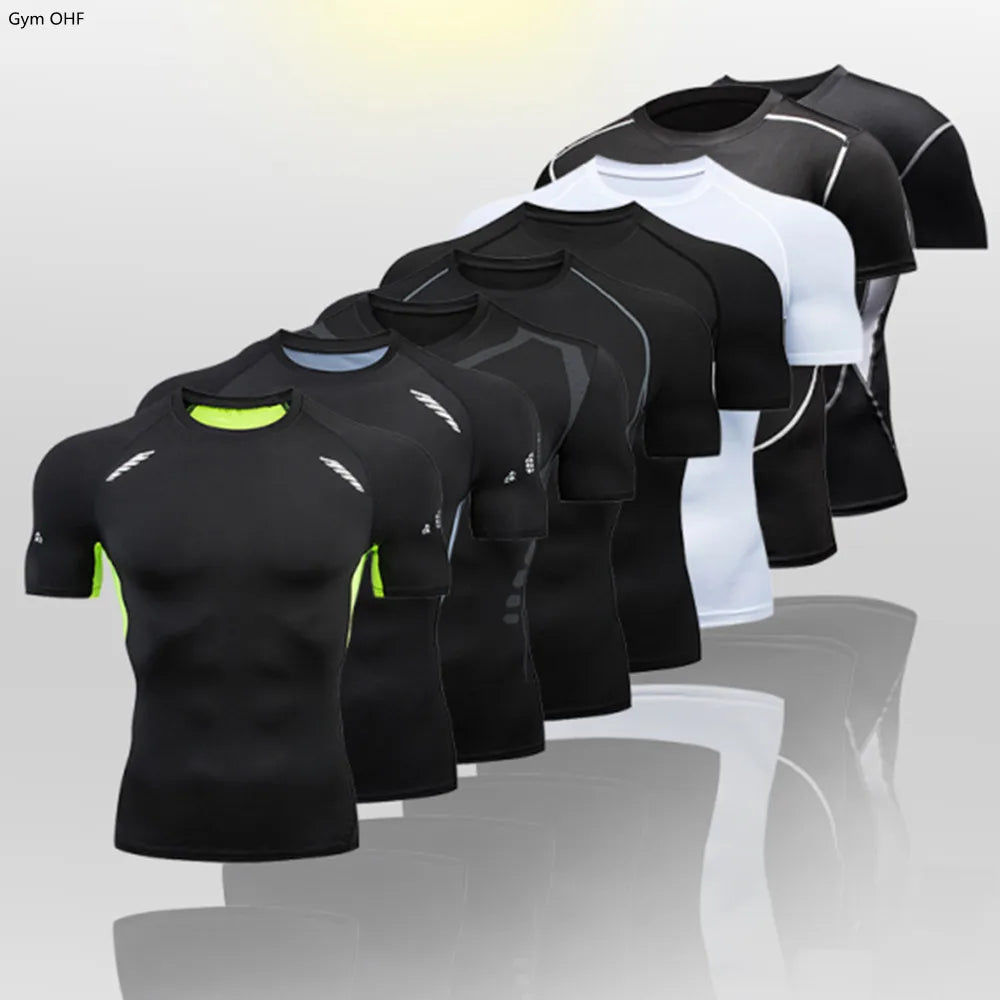 Gym Fitness T Shirt Men's Short Sleeve Summer Boxing Jersey Legging Men Rashguard Compression Pants Quick Dry Tight T-Shirts Men
