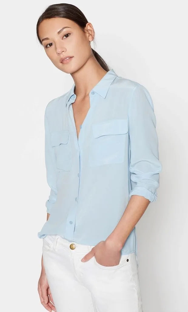 Women Real Silk Shirts Classic Double Pockets Solid Color Casual Fashion Long Sleeve Thin Shirt Blouses Tees