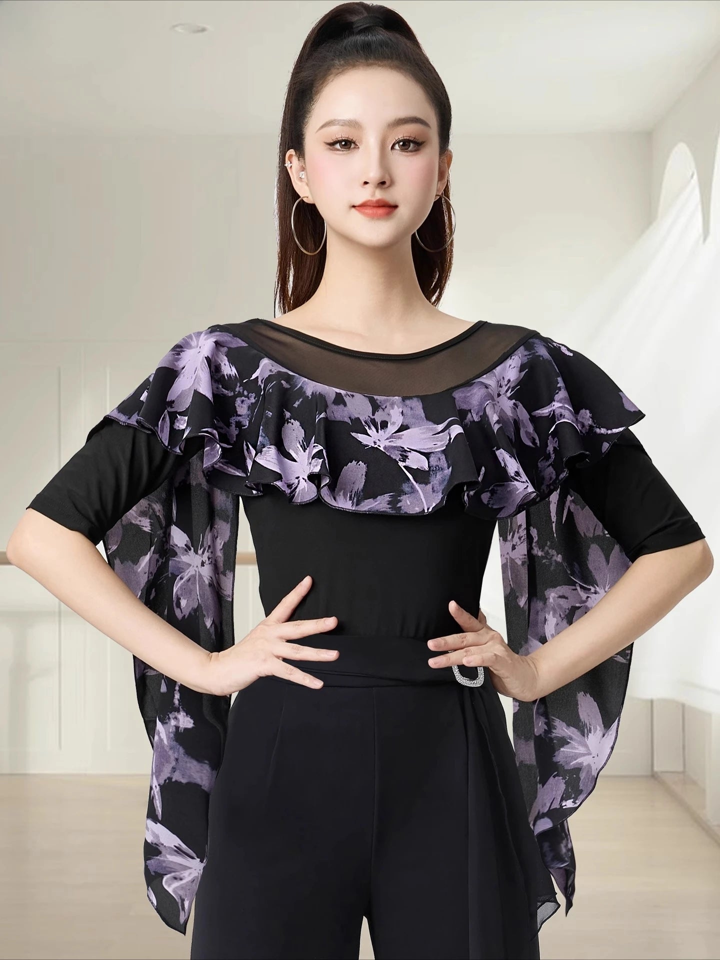 Dancewear Women Tops Summer Fashion Print Latin Line Dance Costume New Products Ballroom Dance Women Top Training Clothes Black