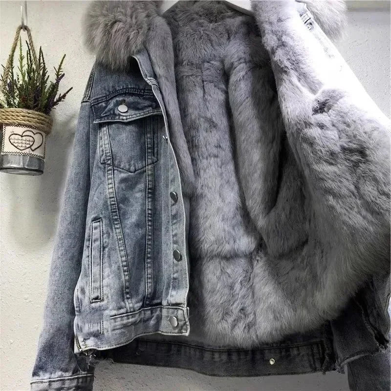 Winter Warm Coats Big Fur Collar Denim Jacket Women Basic Coat Female Cold Motorcycle Outerwear Fleece Thick Padded Overcoat