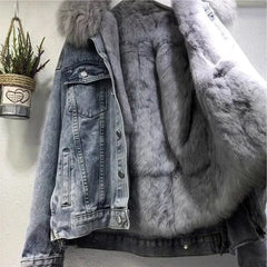 Winter Warm Coats Big Fur Collar Denim Jacket Women Basic Coat Female Cold Motorcycle Outerwear Fleece Thick Padded Overcoat
