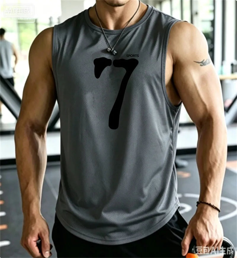 SPORTS 7 New Men Tank Tops Sleeveless Shirt Polyester Mesh Material Quick Dry Breathable Men Workout Fitness Basketball Top Tee