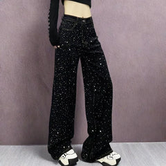 New Female Black Jeans Are Cool Studded With Diamonds. Casual Denim Trousers High-waisted, Straight-leg Wide-leg Pants Women's