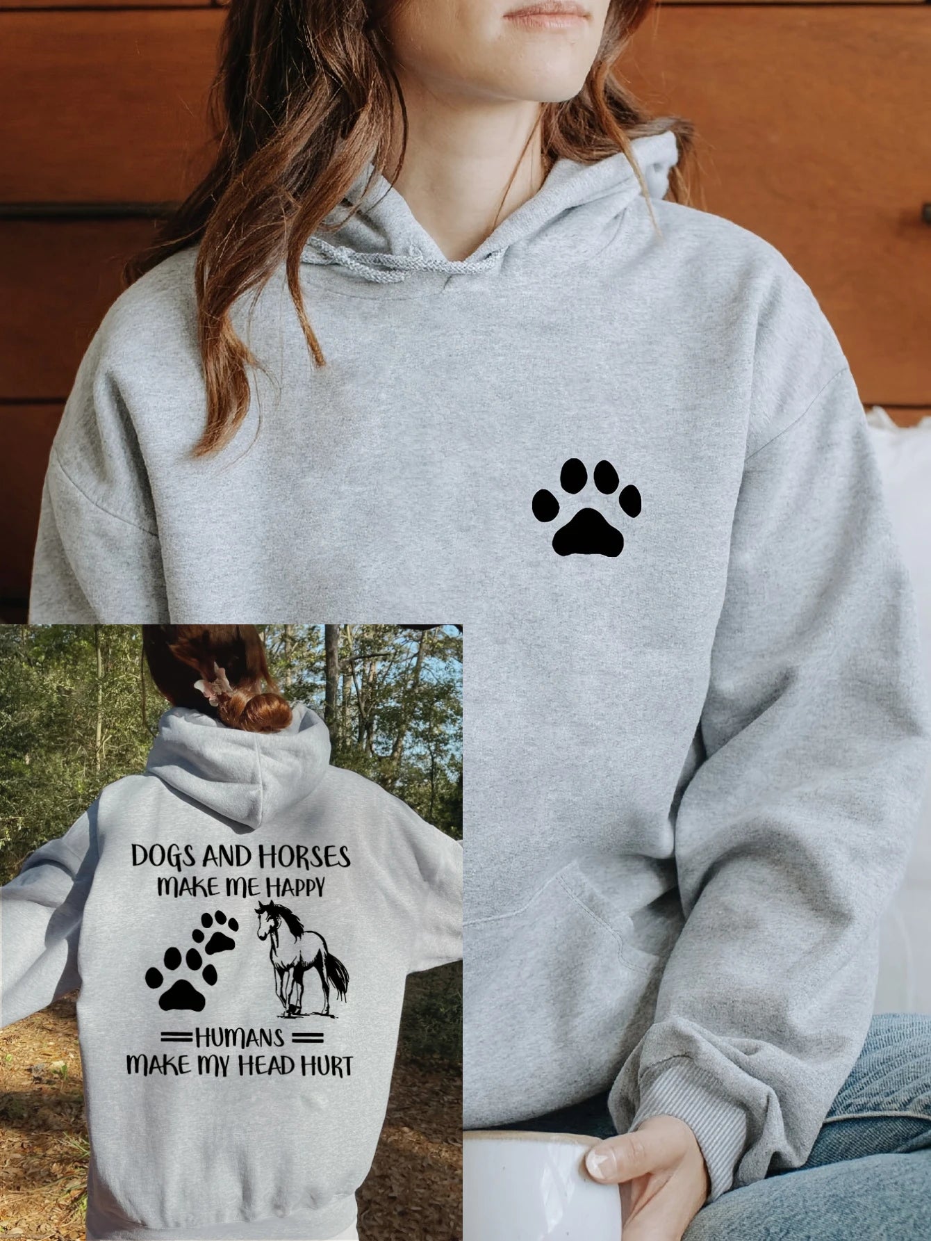 Animal Print Drawstring Cotton Hoodie