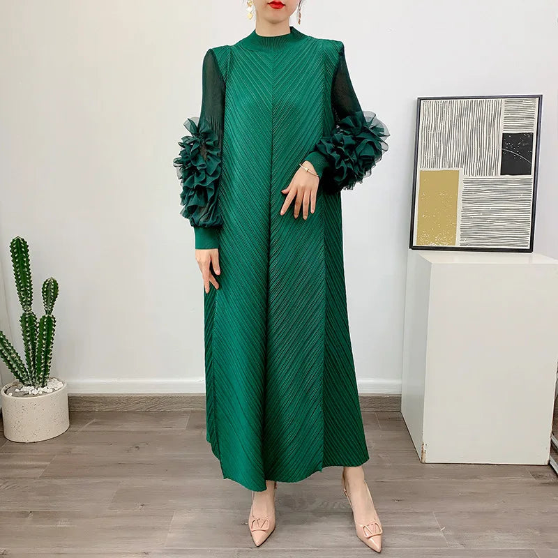 Women Elegant Evening Party Dresses 2025 Summer New Solid Colour Classic Long Sleeve Plate Flower Design Prom Dresses Female