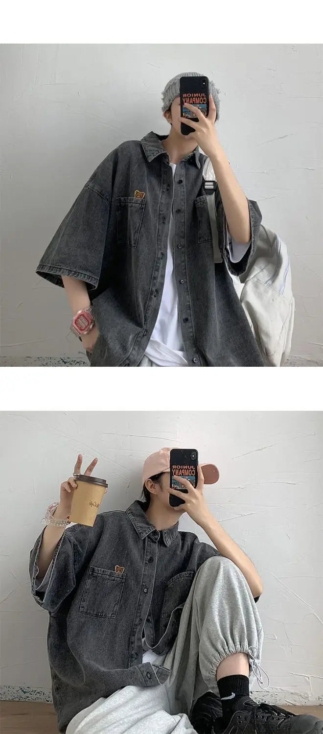 2025 Shirts Men Clothing Fashion Short Sleeve Summer Korean Style Loose All-match Cargo Handsome Homme Solid Tops Harajuku