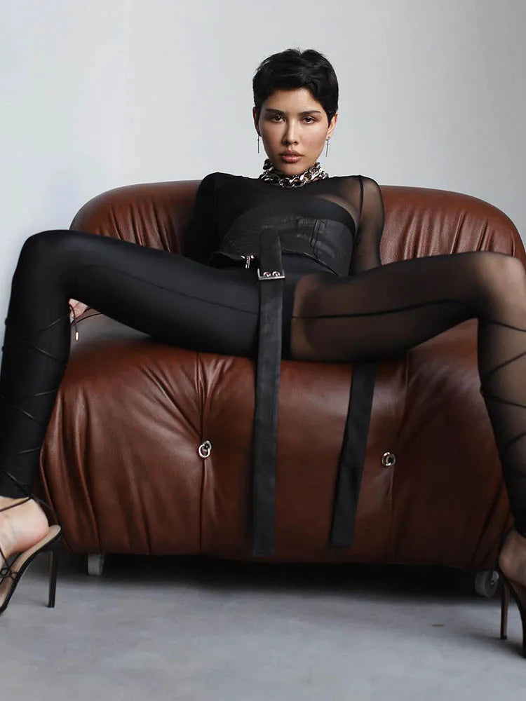Hipster Tight Jumpsuit Woman Midnight Overalls Streetwear O-Neck Long Sleeve Zipper Sexy See Through Mesh Rompers Women Jumpsuit