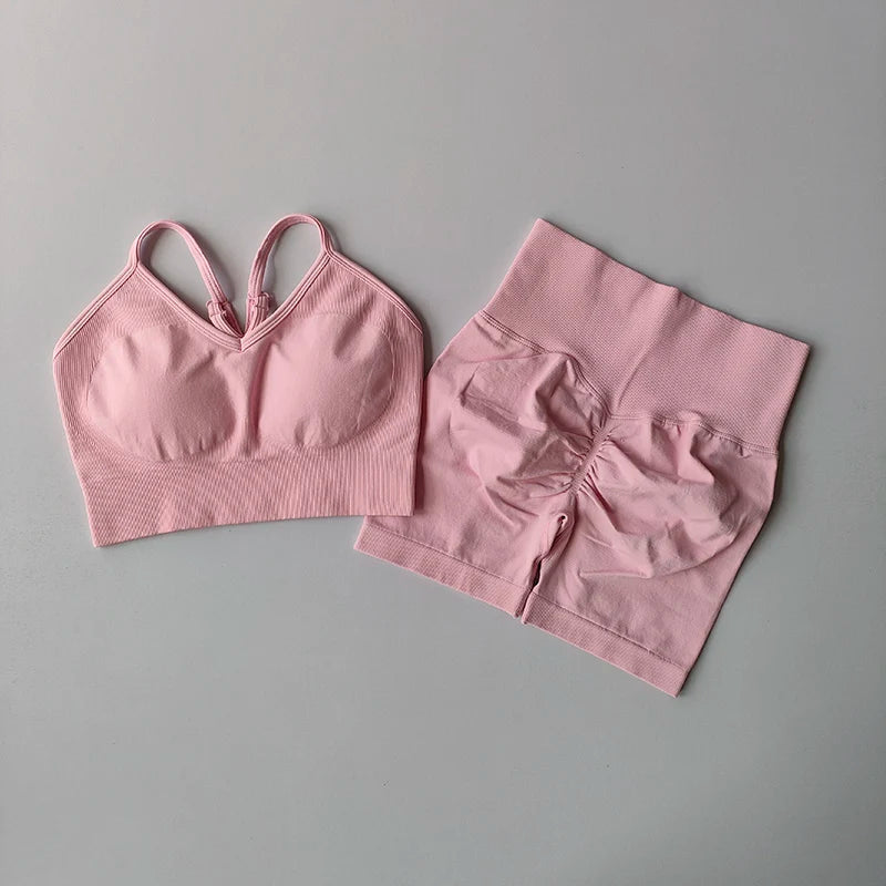 Workout Sets for Women, V Back Sports Bra with High Waist Shorts, Moisture Wicking Yoga Outfit for Training