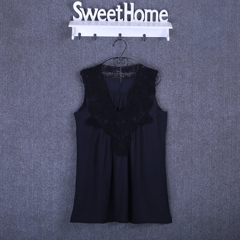 Summer tops for women  Fashion Lace Chiffon blouse V-Neck Loose Casual Chiffon Shirt