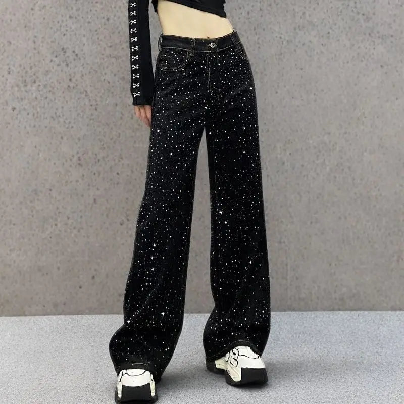 New Female Black Jeans Are Cool Studded With Diamonds. Casual Denim Trousers High-waisted, Straight-leg Wide-leg Pants Women's
