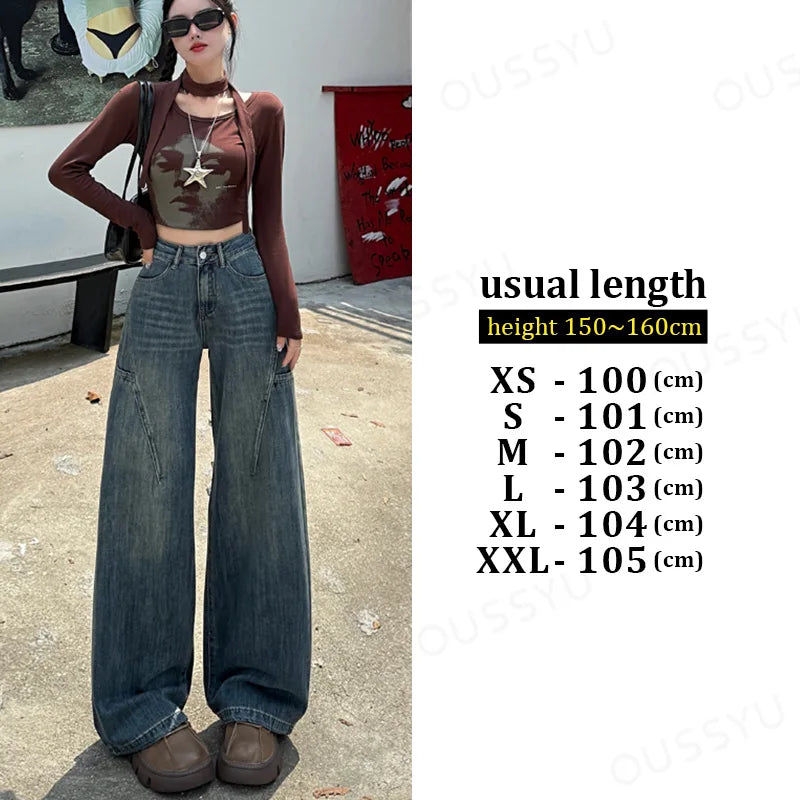 High Waisted Wide Leg Jeans Women Cotton Retro Denim Y2k Loose Fashion Design Sense Pant Streetwear Baggy Straight Trouser Woman