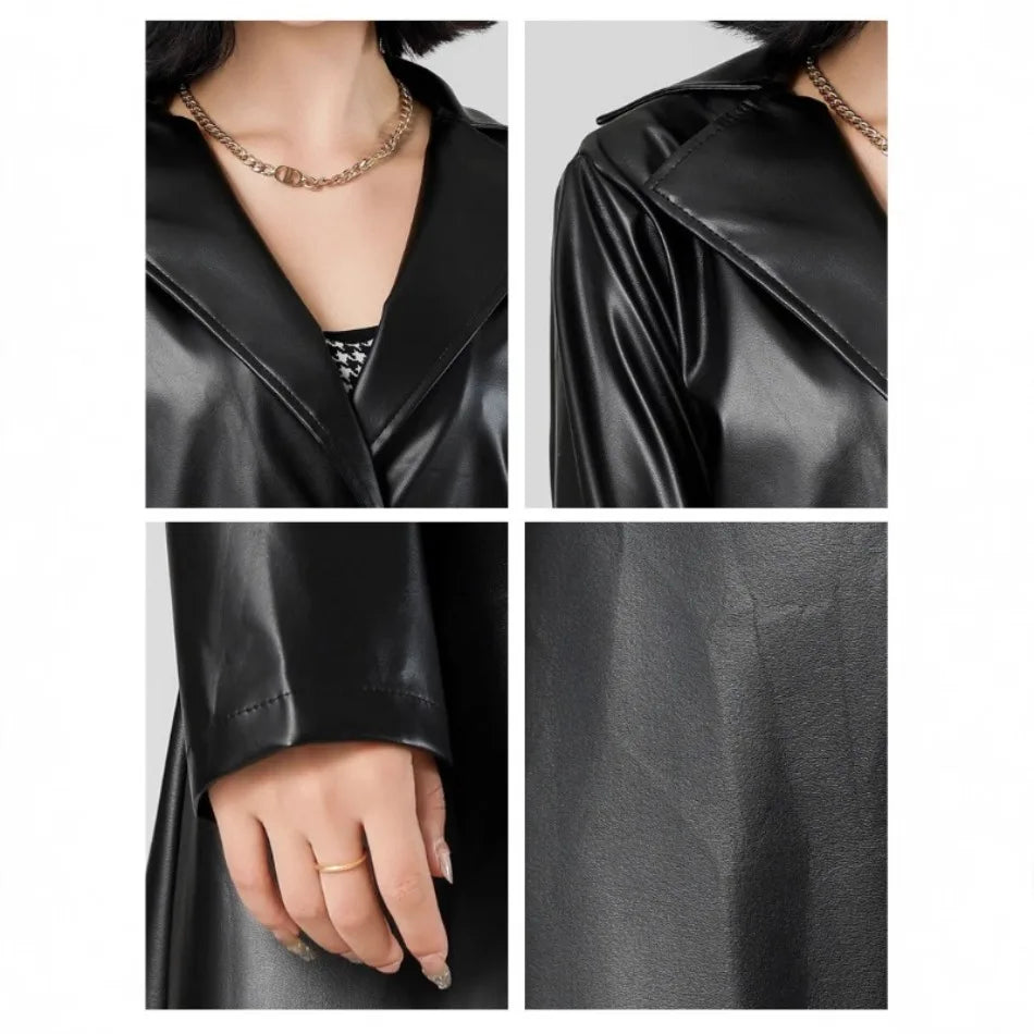Fashion Turn Down Collar Pu Coat Work Street Wear Tight Waist Jacket Outerwear Women Mid Length Coats Faux Leather Jackets