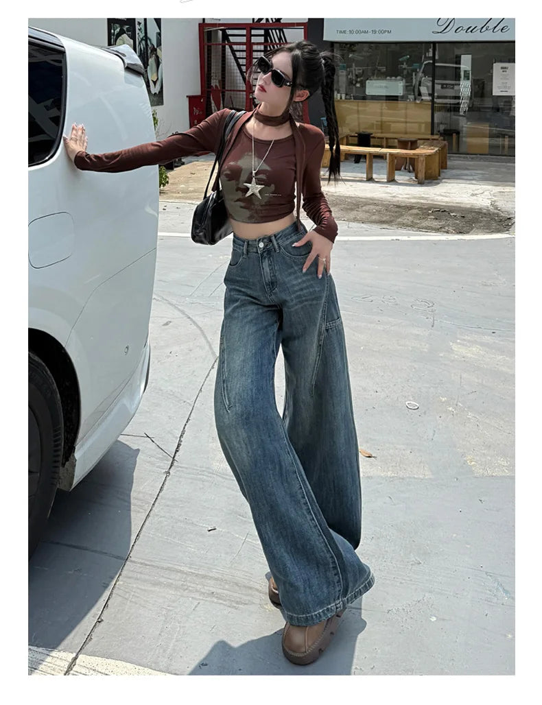 High Waisted Wide Leg Jeans Women Cotton Retro Denim Y2k Loose Fashion Design Sense Pant Streetwear Baggy Straight Trouser Woman