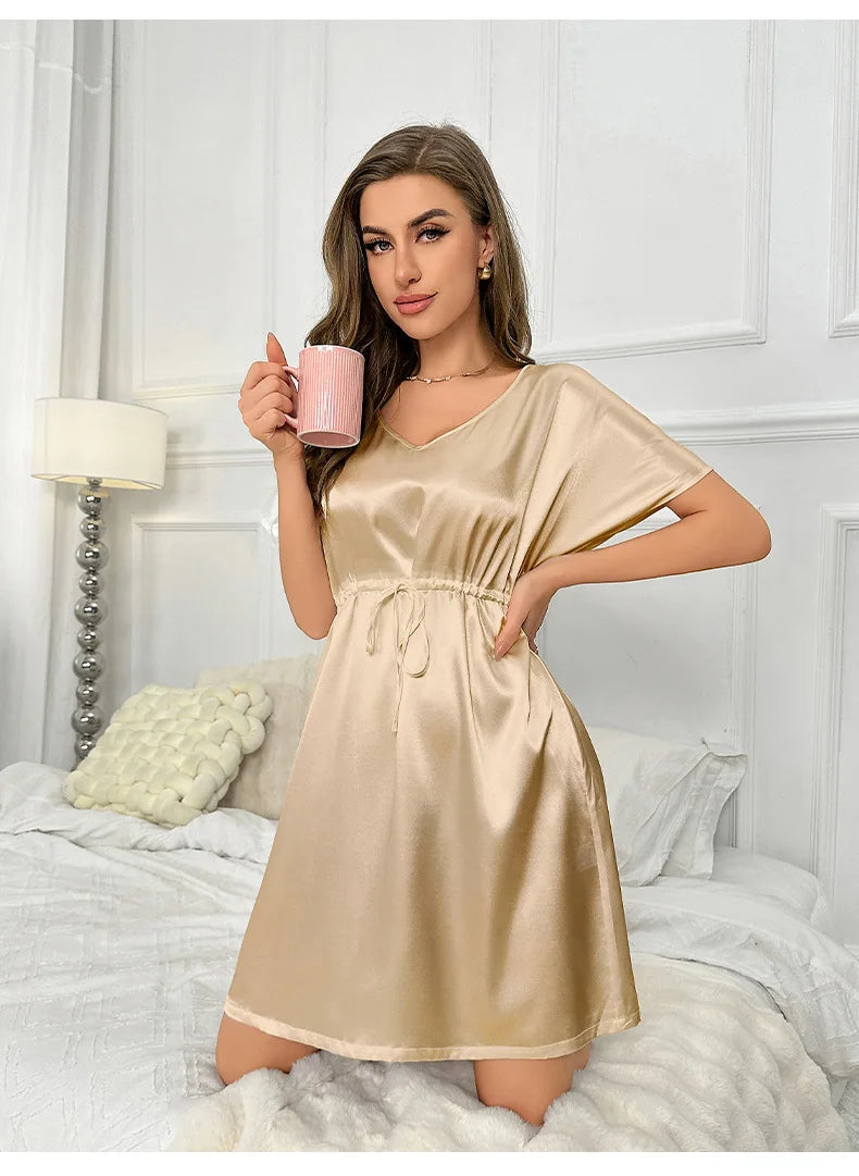 V-Neck Nightdress Loungewear Women Sleepwear Morning Gown Lingerie Sleepdress Robe Summer Nightgown Silky Satin Home Dress