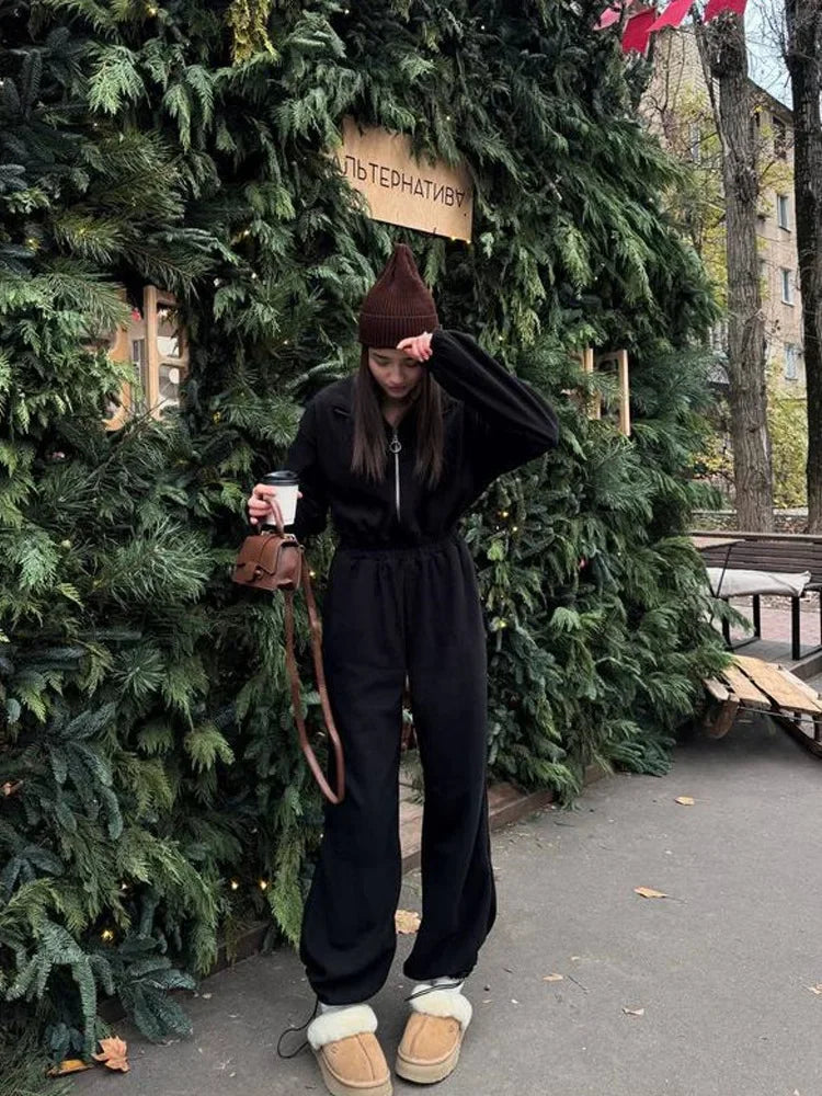 Jumpsuit Women 2026 New Fashionable Long Sleeved Jumpsuit for Women's Casual Half Open Collar Elastic Waist Jumpsuit
