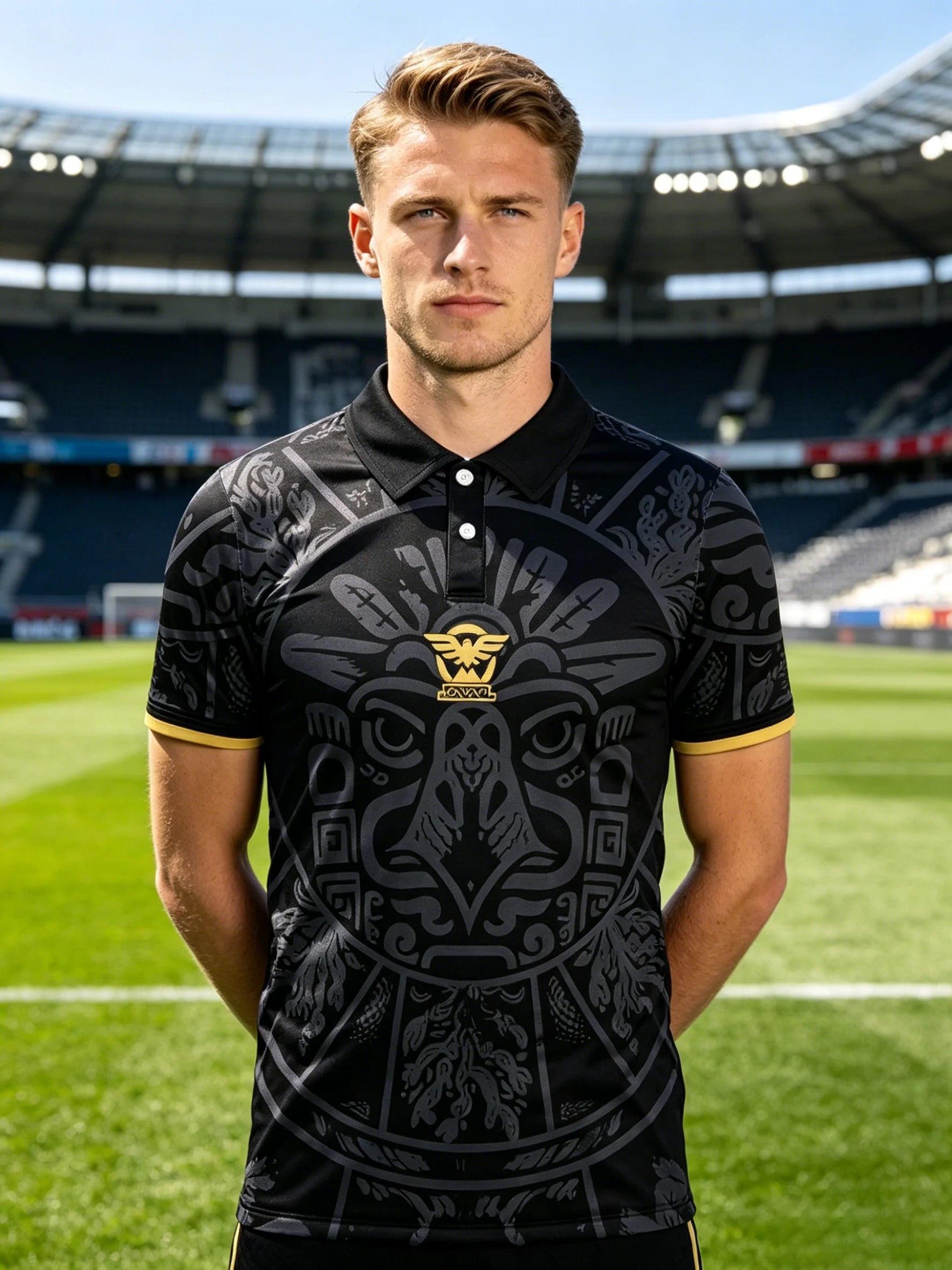 Men's Mexico inspired football polo. Classic black & gold design, lightweight top for sports and daily casual wear