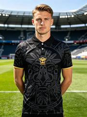 Men's Mexico inspired football polo. Classic black & gold design, lightweight top for sports and daily casual wear