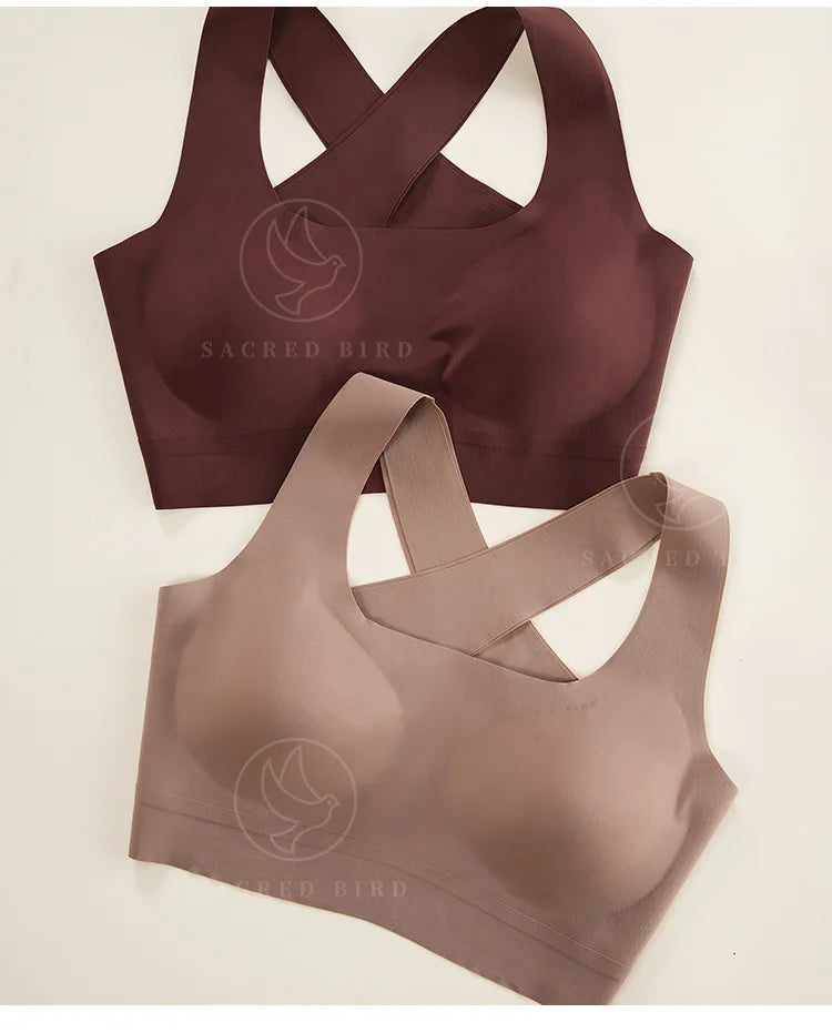 Fashionable seamless one-piece thin breathable sports bra sexy and beautiful back women's no steel ring cross shoulder strap br