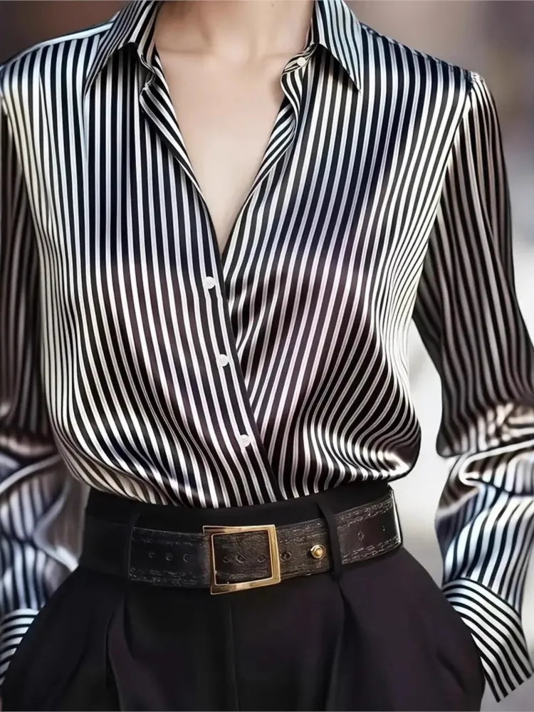 Lady Striped Shirt Fashion Long Sleeve Turn-down Collar Button Shirts Tops For Women Casual Office Holiday Spring Autumn Clothes