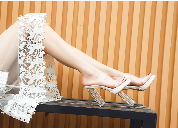 Women's High Heels, 2024 Summer New Waterproof Table with A Line Not Tired Feet Thick Crystal Slippers, Women's Shoes
