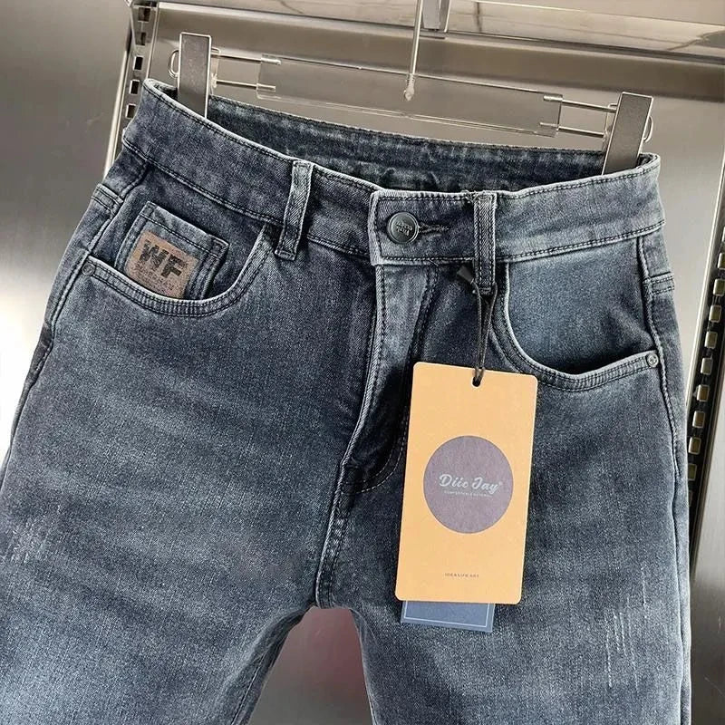 Thick Jeans Men's Slim Fit Spring Autumn Winter Casual Long Pants Cotton Stretch Denim mid Waist Zipper Closure Wear Resistant