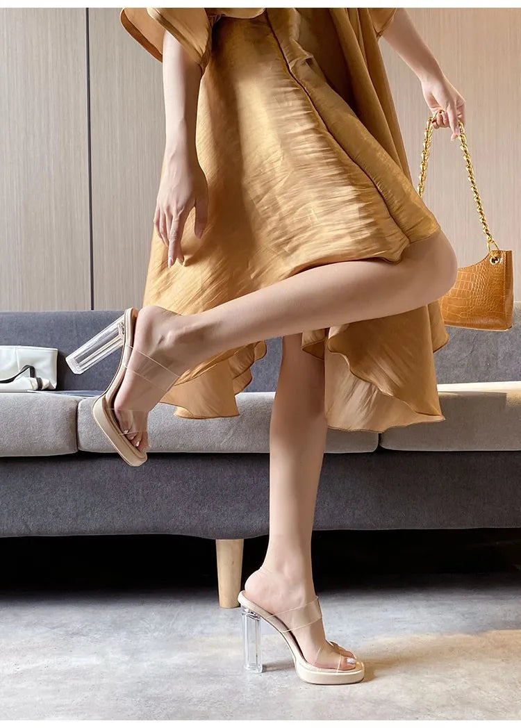 Women's High Heels, 2024 Summer New Waterproof Table with A Line Not Tired Feet Thick Crystal Slippers, Women's Shoes