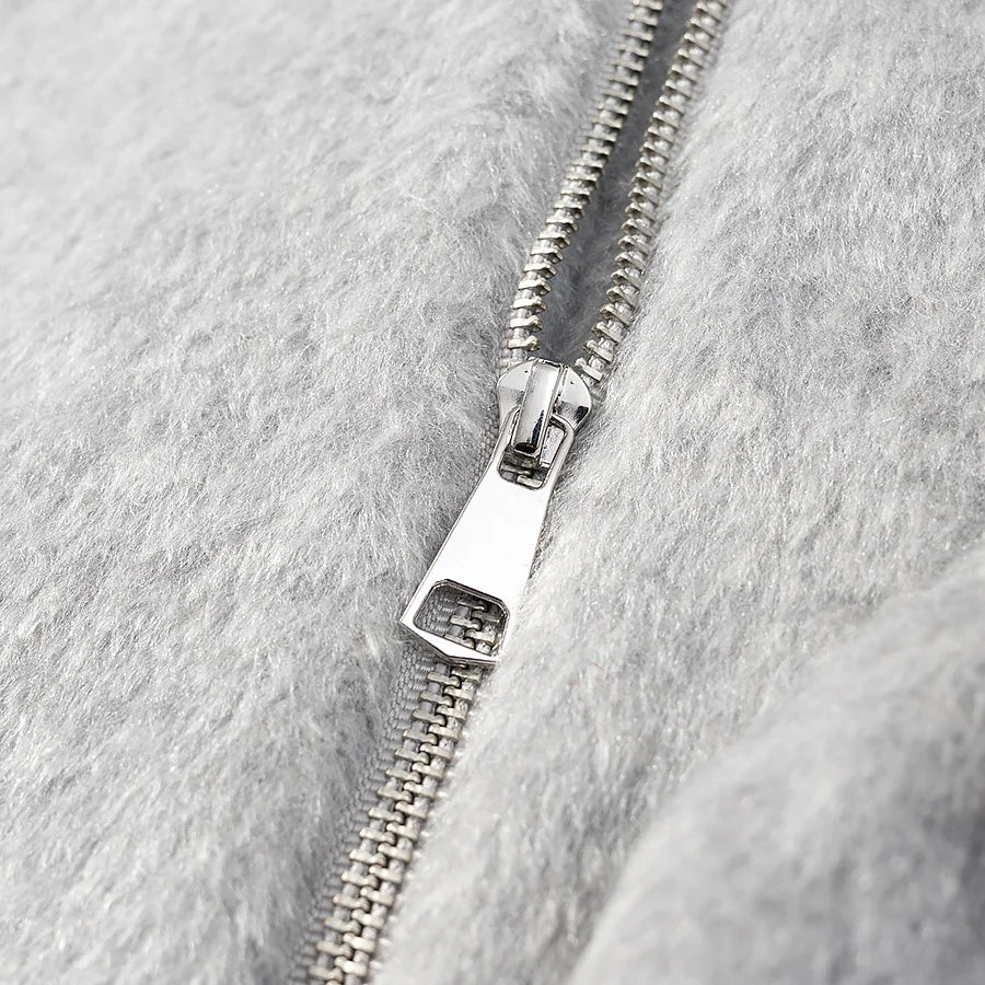 HH Women Fashion Coats Gray Turn-Down Collar Long Sleeves Pockets Decoration Zipper Winter Short Coat Woman Casual Loose Jackets
