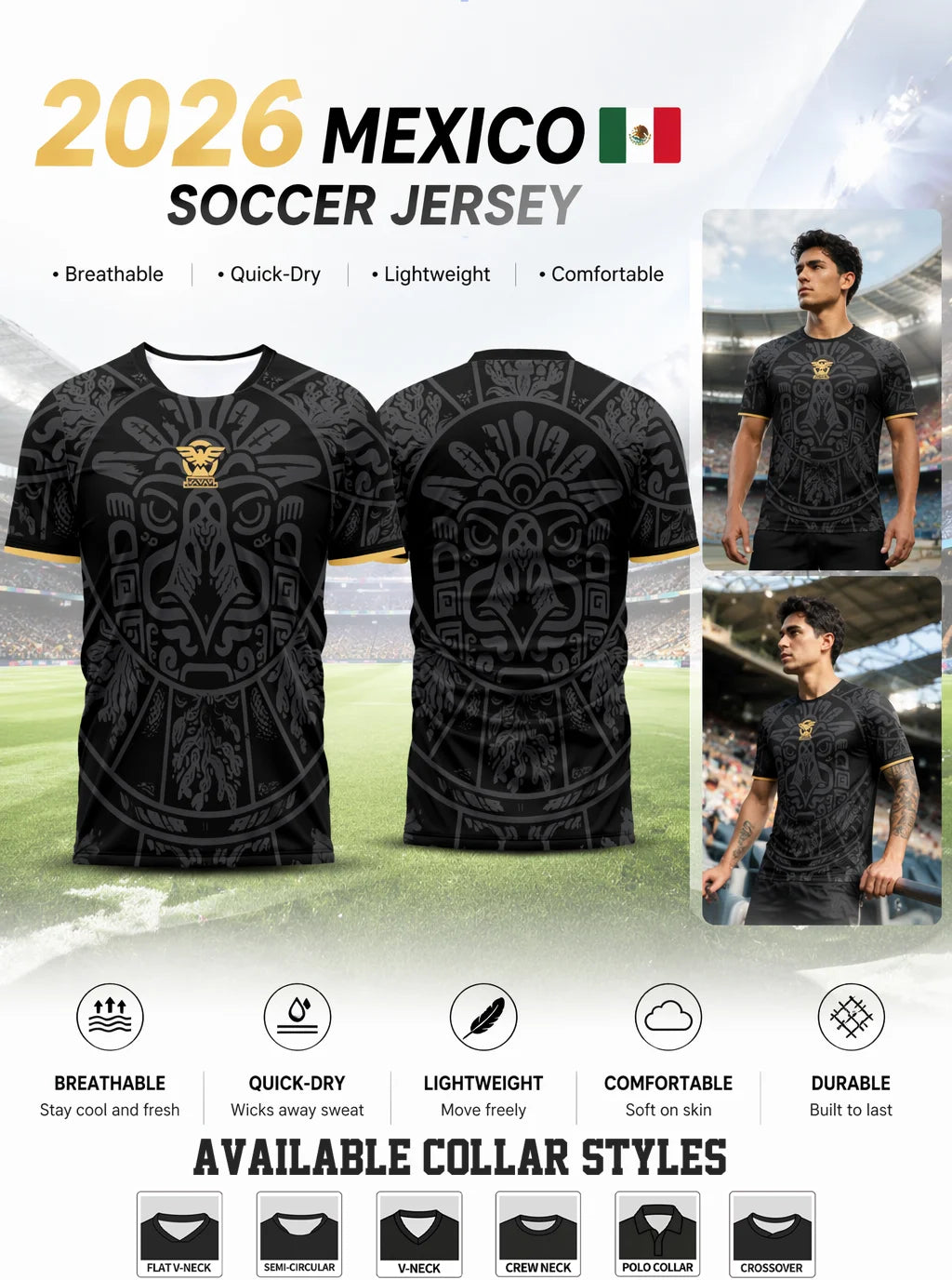 Men's Mexico inspired football polo. Classic black & gold design, lightweight top for sports and daily casual wear