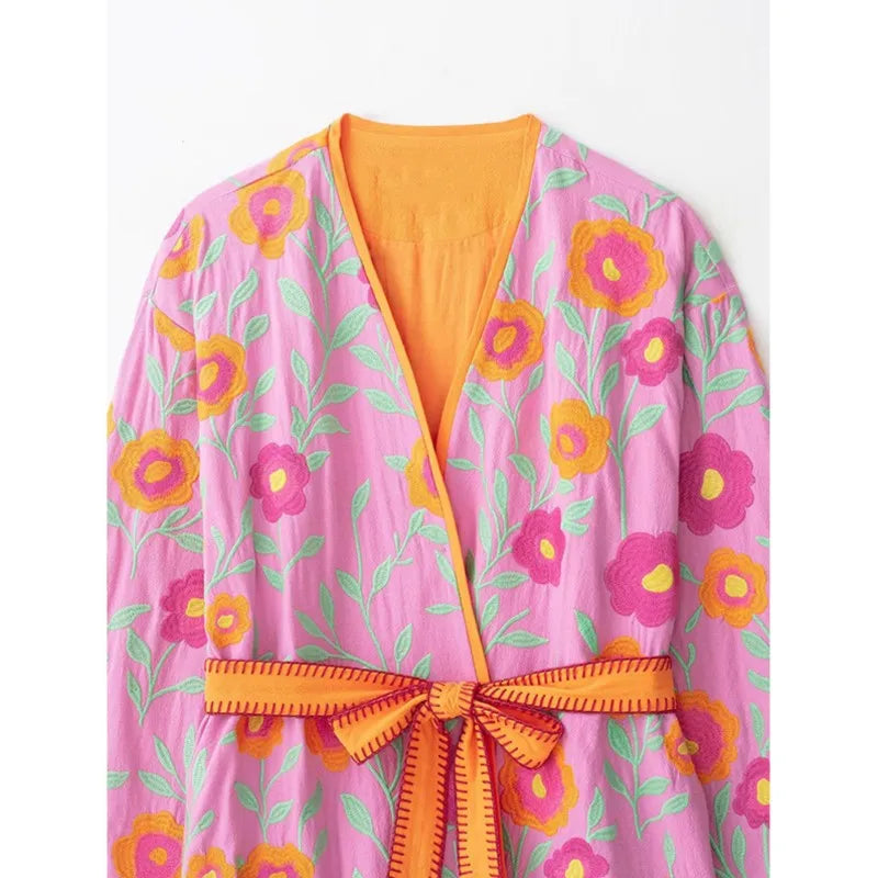 Women's Flowers Embroidered Coats Autumn New V-neck Long Sleeve With Belt Jackets Fashion Casual Female Chic Outerwear