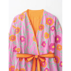 Women's Flowers Embroidered Coats Autumn New V-neck Long Sleeve With Belt Jackets Fashion Casual Female Chic Outerwear