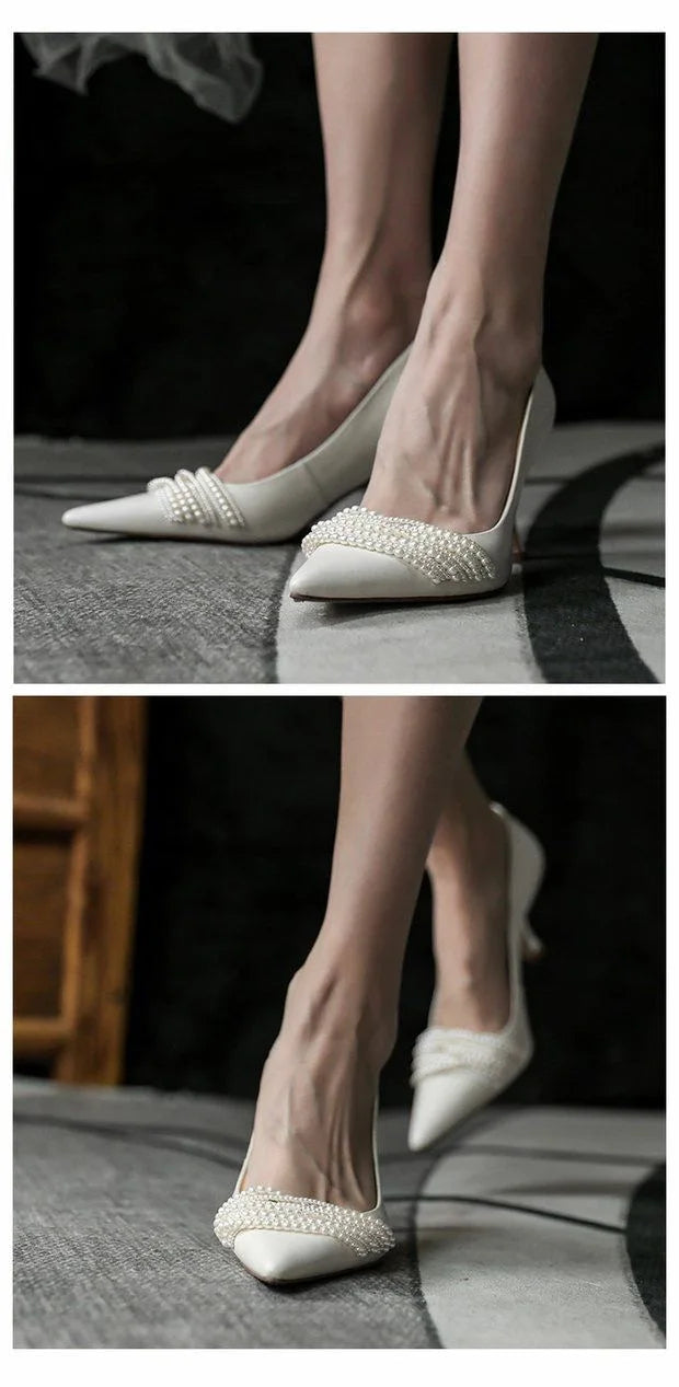 Women High Heels Sexy Beading Shoes Female 2024 New Red Velvet Pumps Pointed Toe RetroThin Heel Party Wedding Shoes Wholesale