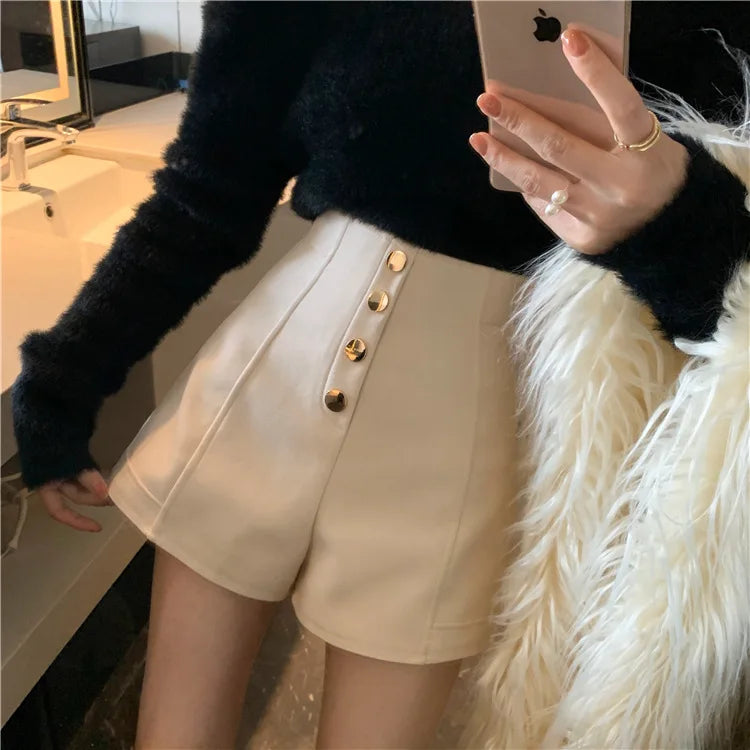 Black Shorts Women Spring Summer New Wide Leg Pants High Waist Single BreastedAApricot casual hot pants