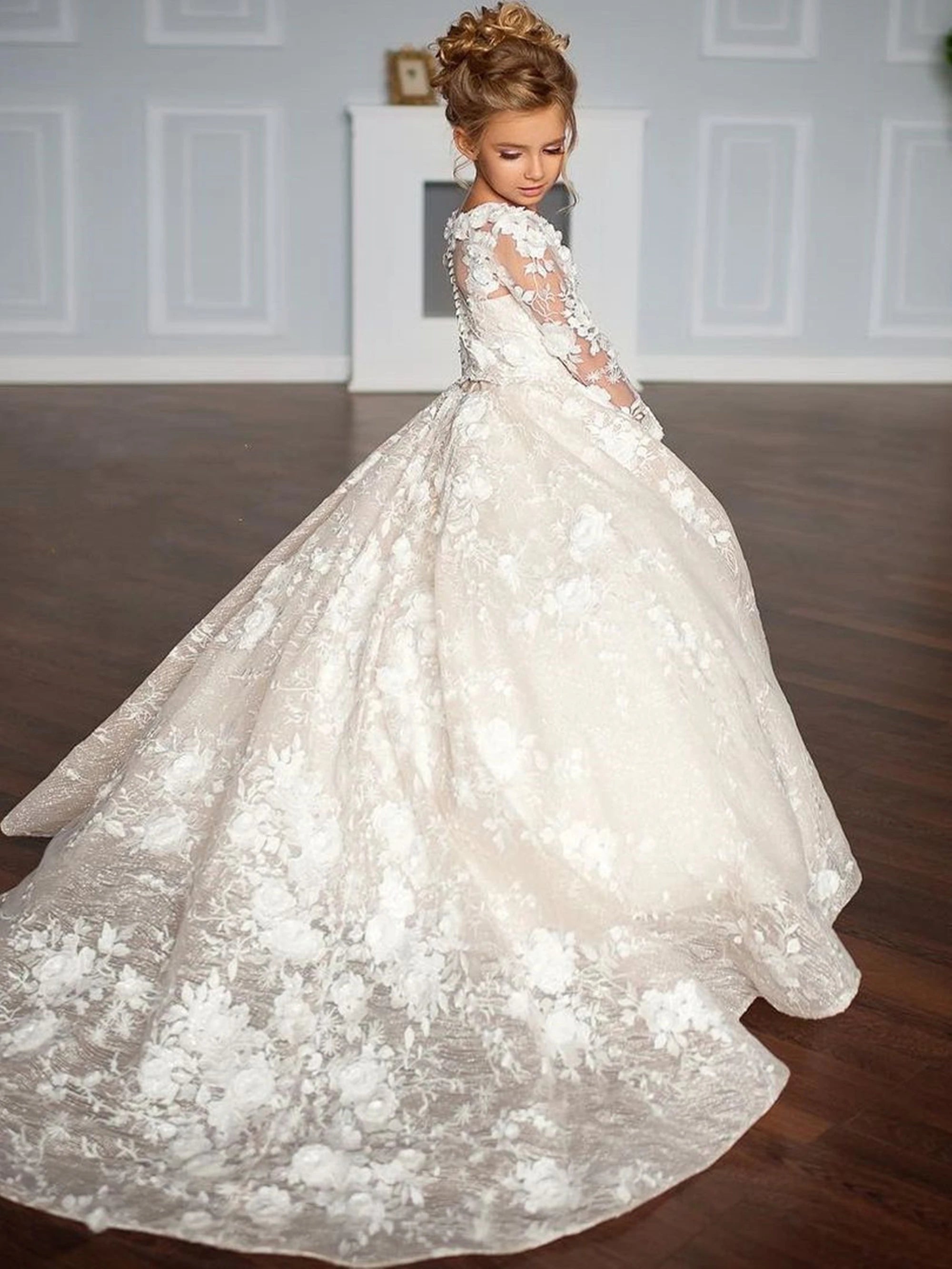 Elegant Customized Flower Girl Dress For Wedding Lace Full Sleeves Floor Lenght Kids Birthday Party First Communion Ball Gowns