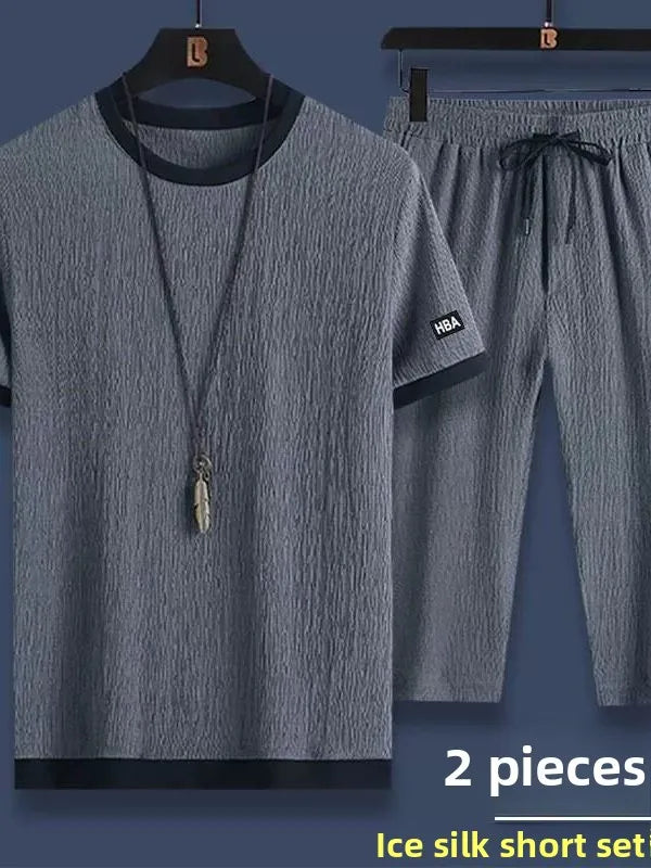 Casual Ice Silk Sports Suit Men's Summer Thin Short Sleeve Shorts Trendy Clothes Handsome Match One Set of Youth Clothing