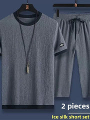 Casual Ice Silk Sports Suit Men's Summer Thin Short Sleeve Shorts Trendy Clothes Handsome Match One Set of Youth Clothing