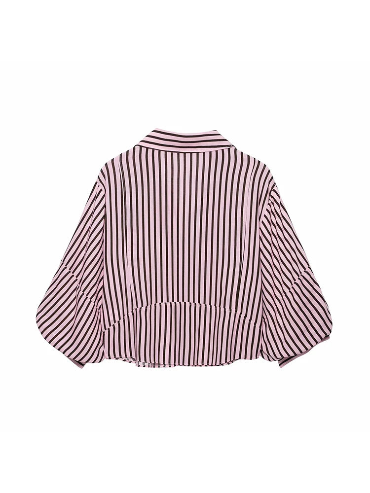 Women Striped Shirts For Women Vintage Elegant Puff Sleeve Summer New High Street Clothes Leisure Single-breasted Lapel Blouse