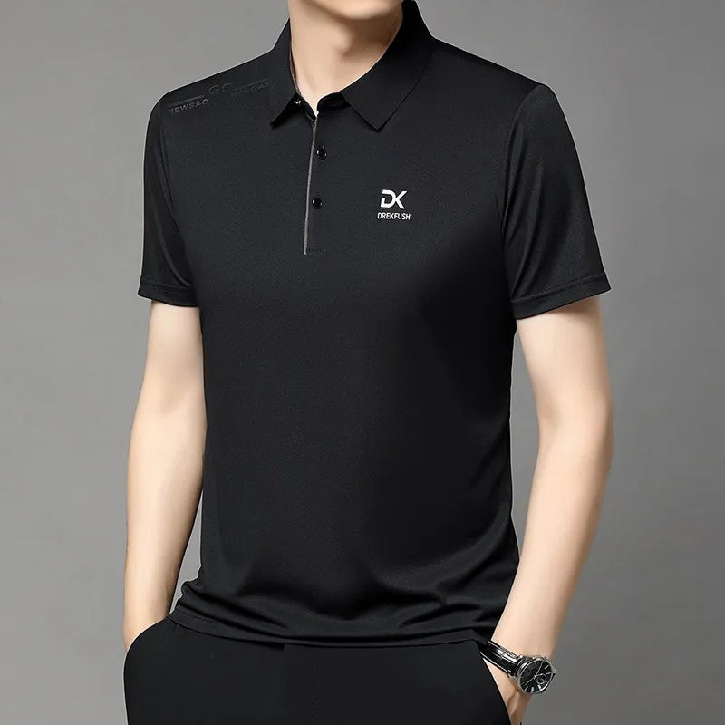 Men's Business Casual Short Sleeve Polo Shirt Solid Color with Badge Fashionable Breathable Comfortable Versatile Business Top