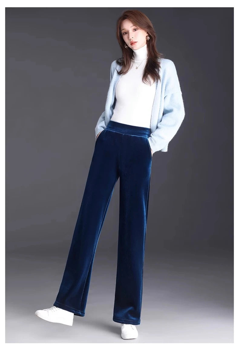 Women's pants with many reviews flared pants ice silk pants wide leg pants, high waisted blue loose straight leg pants 6XL