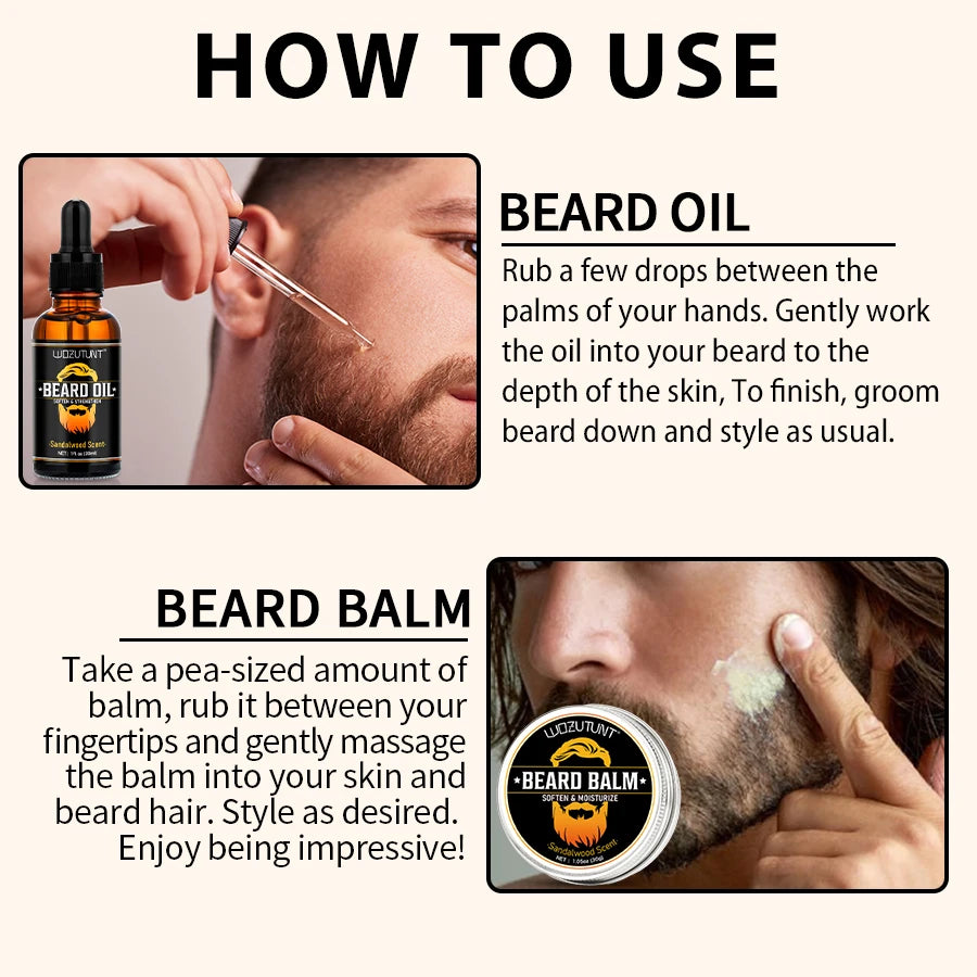 Men Beard Moisturizing & Nourishing Oil & Long-Lasting Smoothing Styling Butter，Facial Hair Conditioning Set for All Beard Types