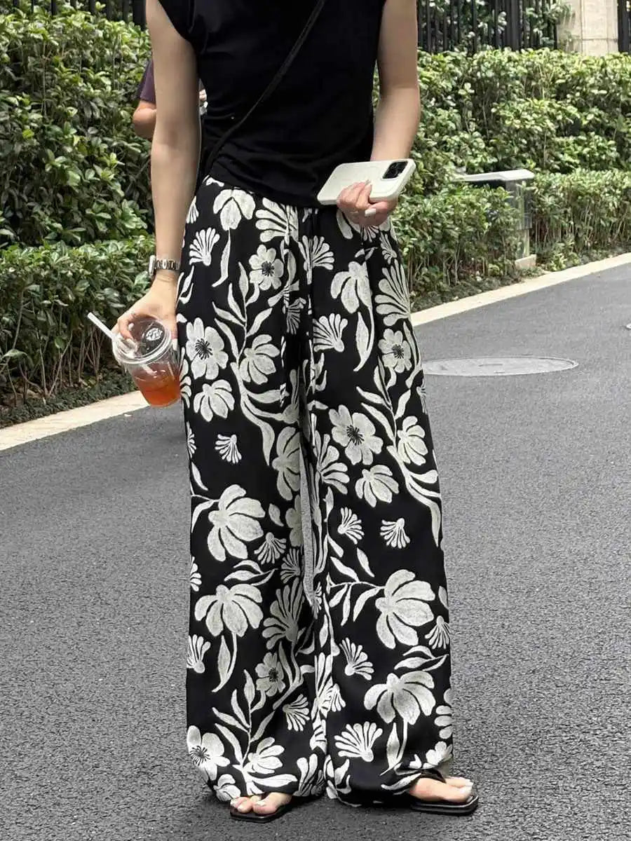Wide-leg Pants for Women Summer Thin Printed New Style Drawstring Elastic Loose Straight Casual