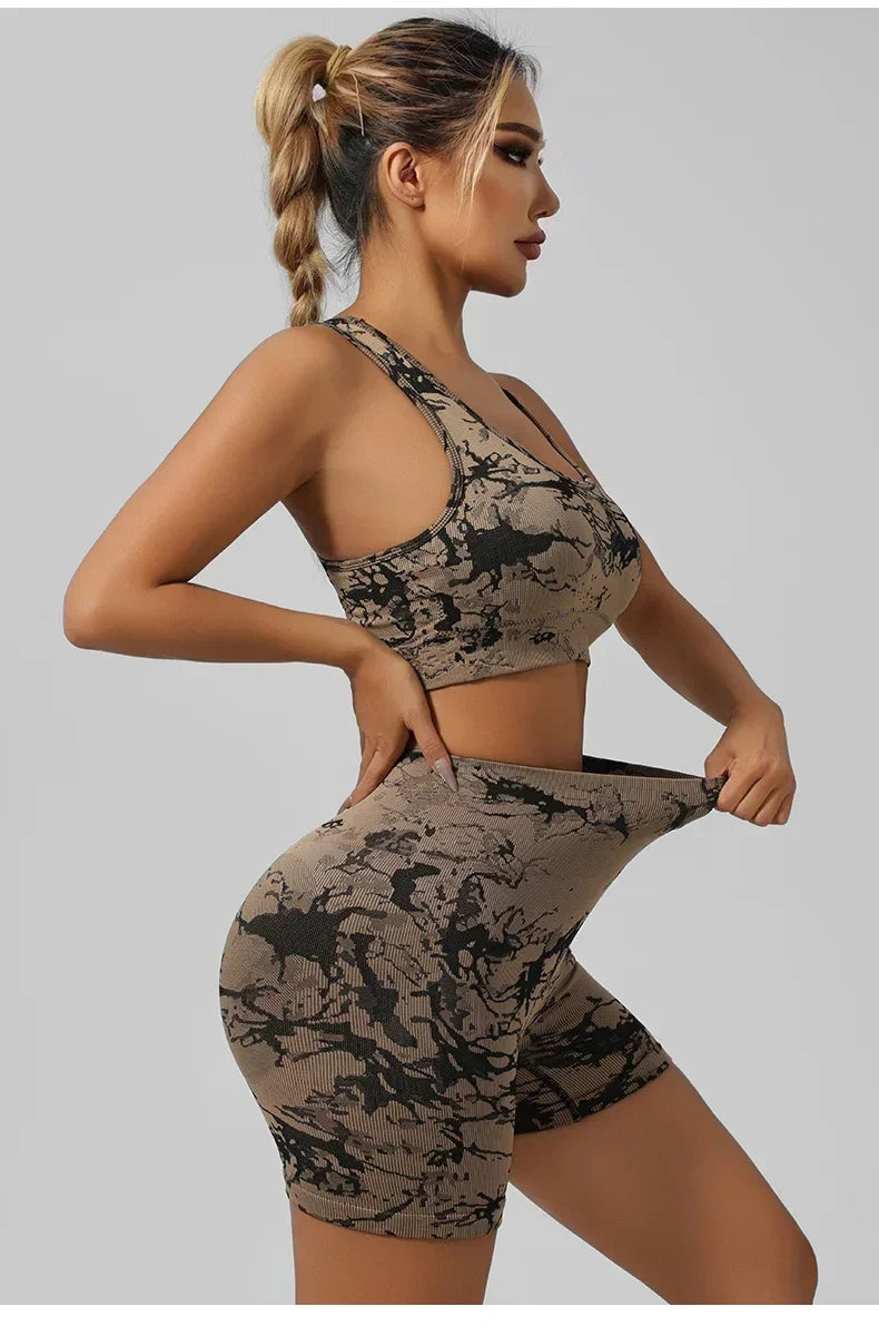Women Seamless Tie Dye Yoga Set Quick Dry Sports Bra Shorts Lightweight Breathable Workout Outfit