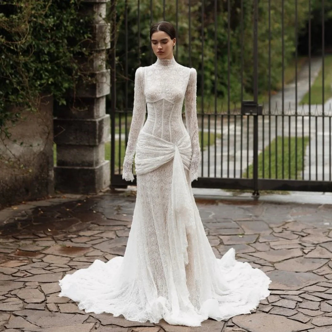 Elegant Mermaid Wedding Dresses Lace Long Sleeves Bridal Gown High Collar Exquisite Corset Party Dress robe de mariée Customized