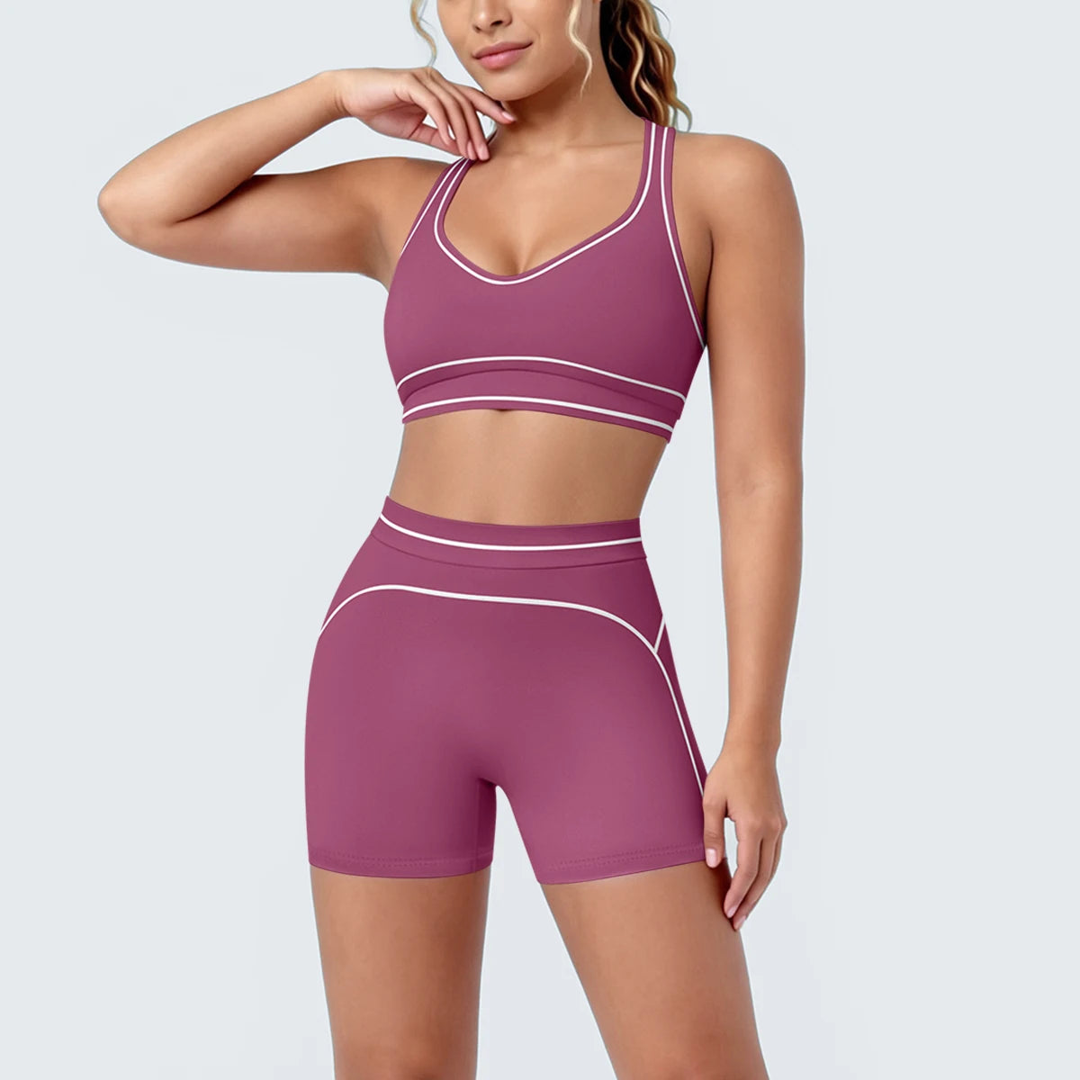 New Woman Yoga Set Color Blocking Sexy Sport Bra Yoga Underwear with Chest Pad High Waist Stripe Running Fitness Shorts Yoga Set