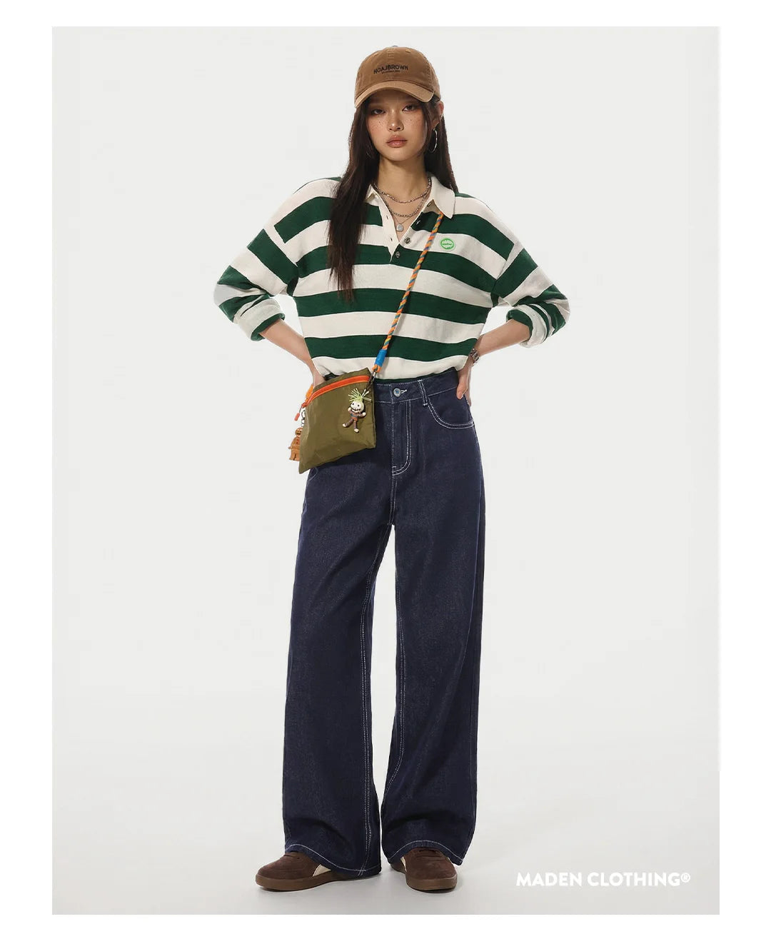 Maden Women's Vintage 12.4oz Washed Denim Jeans Straight Wide-Leg Casual Loose Fit Blue Trousers For Spring and Fall Streetwear