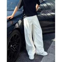 Women's High-Waisted Wide-Leg Pants - Loose Fit Casual Trousers with Button Closure